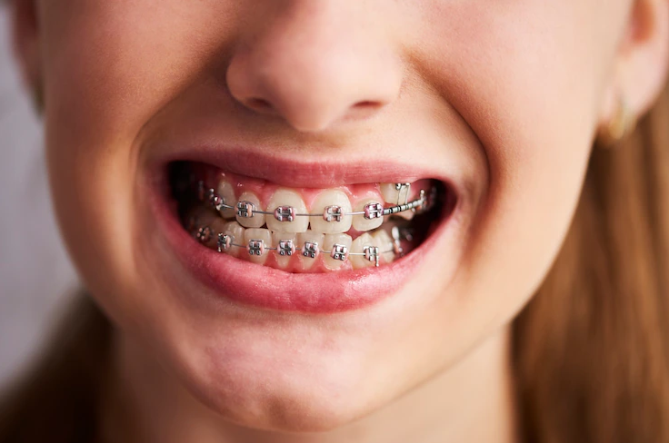 Sorriso com aparelho ortodôntico metálico — bráquetes e fio de ortodontia